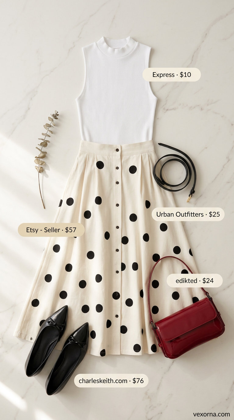 Vintage Piazza Stroll: Polka Dot Skirt 2026 Chic black and white polka dot midi skirt outfit for city sightseeing. Trendy summer polka dots outfits 2026.