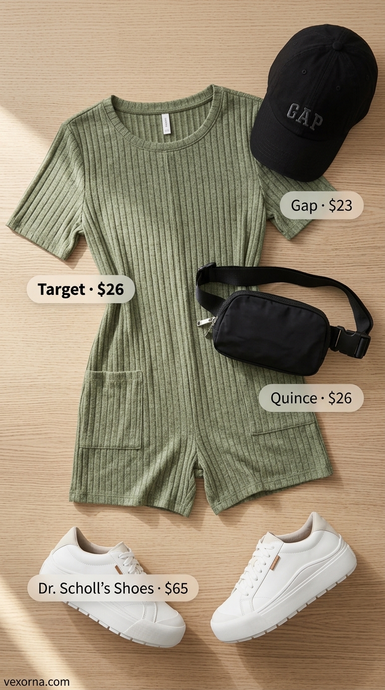 Athleisure summer romper outfit for women 2026: Olive green knit romper, white sneakers, nylon belt bag, baseball cap.