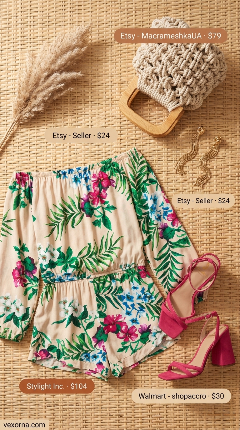 Bohemian summer romper outfit for women 2026: Multicolor floral off-shoulder romper, beige macrame bag, fuchsia sandals.