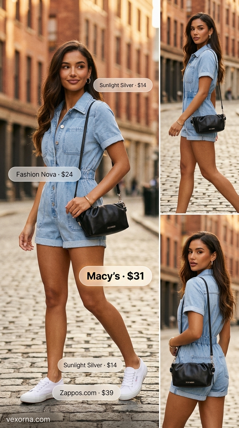 Light wash denim romper outfit for city sightseeing or casual brunch in 2026. Styled with sneakers and an oversized shirt.