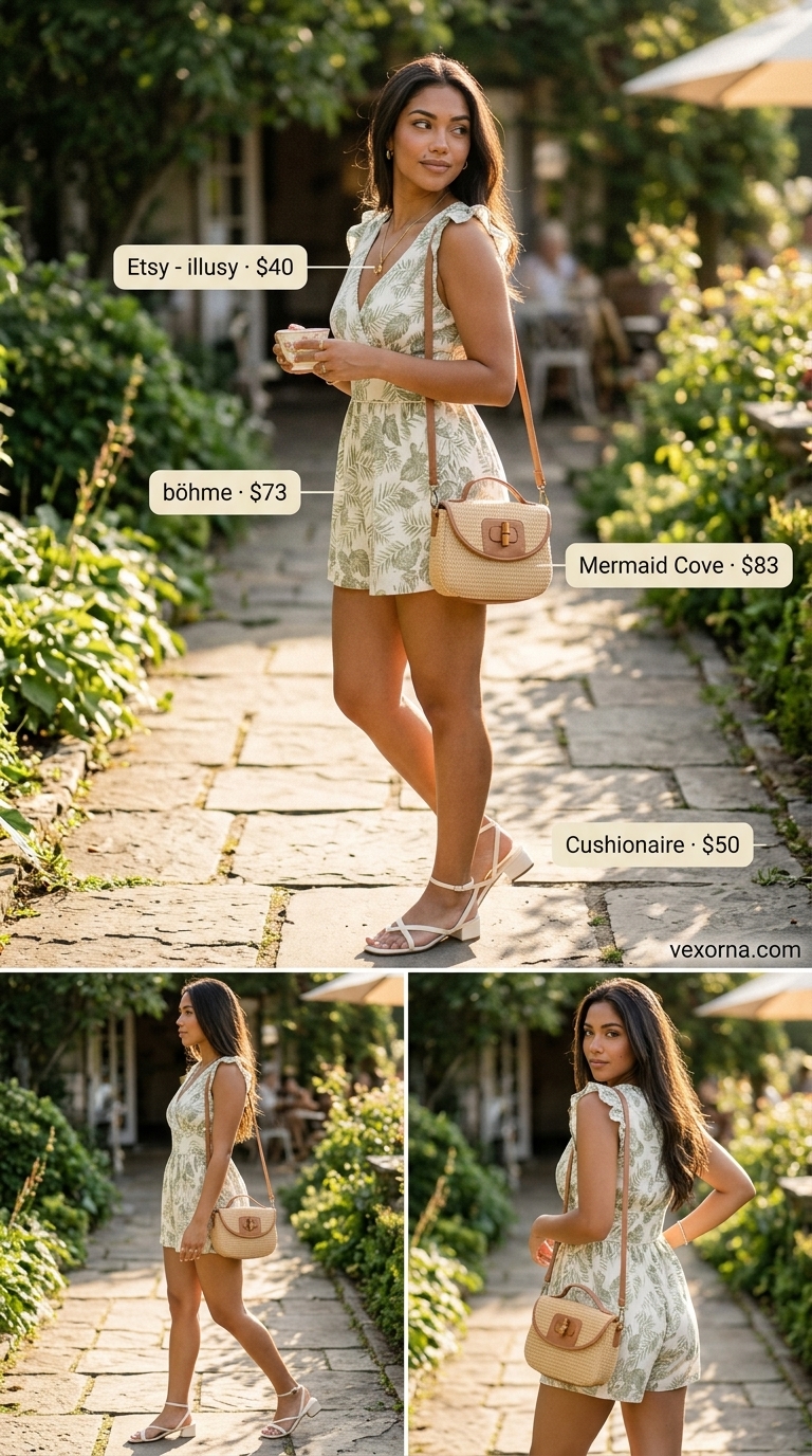 Sage green floral print romper outfit for a garden party or summer brunch in 2026. Styled with sandals and a straw bag.