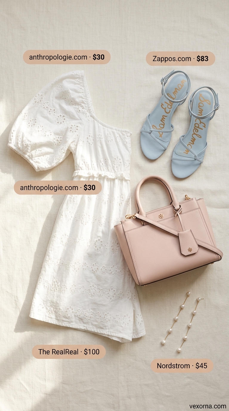Romantic garden party romper outfit for women 2026: White eyelet romper, pearl earrings, light blue sandals, blush pink bag.