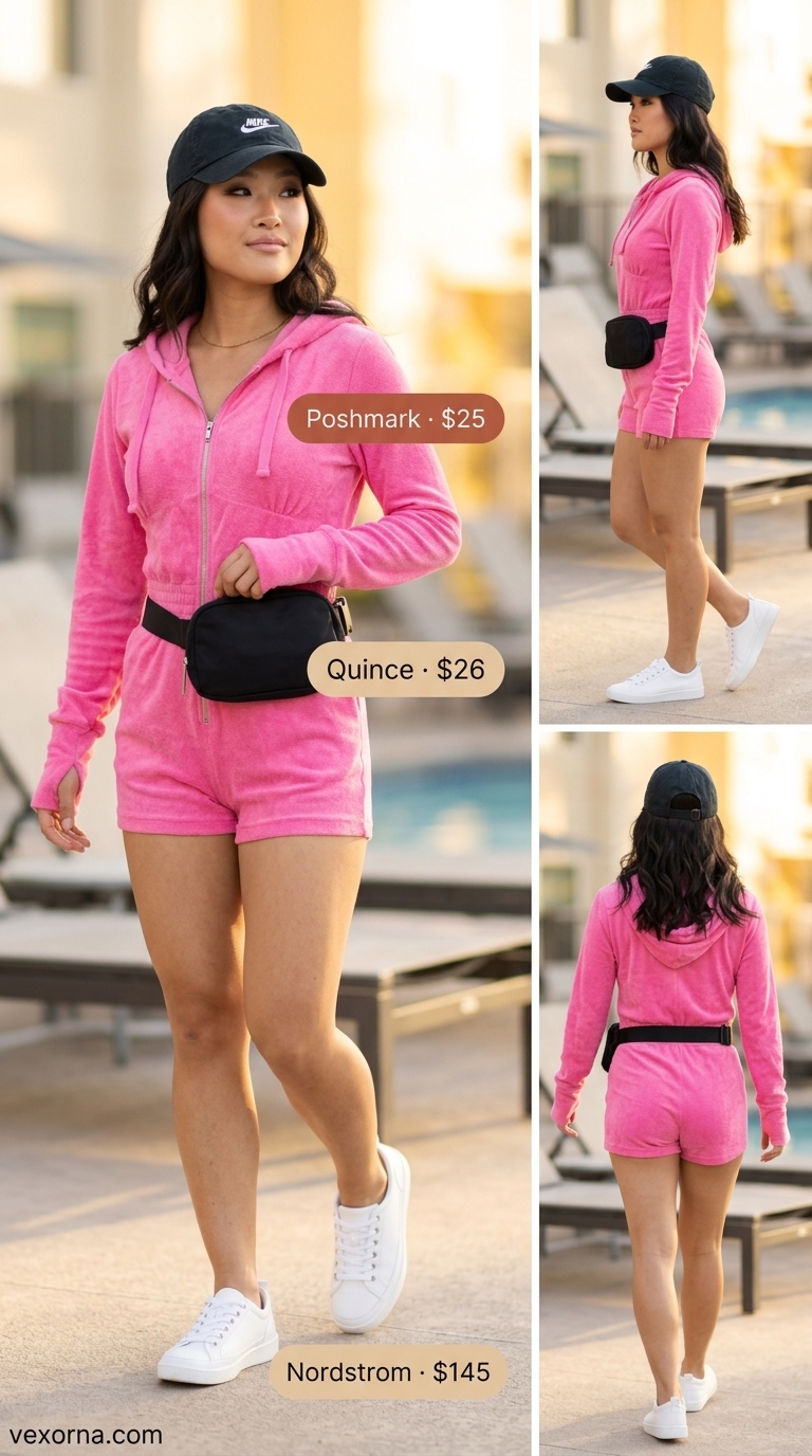 Hot pink terry cloth hooded romper outfit for a casual day or weekend getaway in 2026. Styled with sneakers and a belt bag.