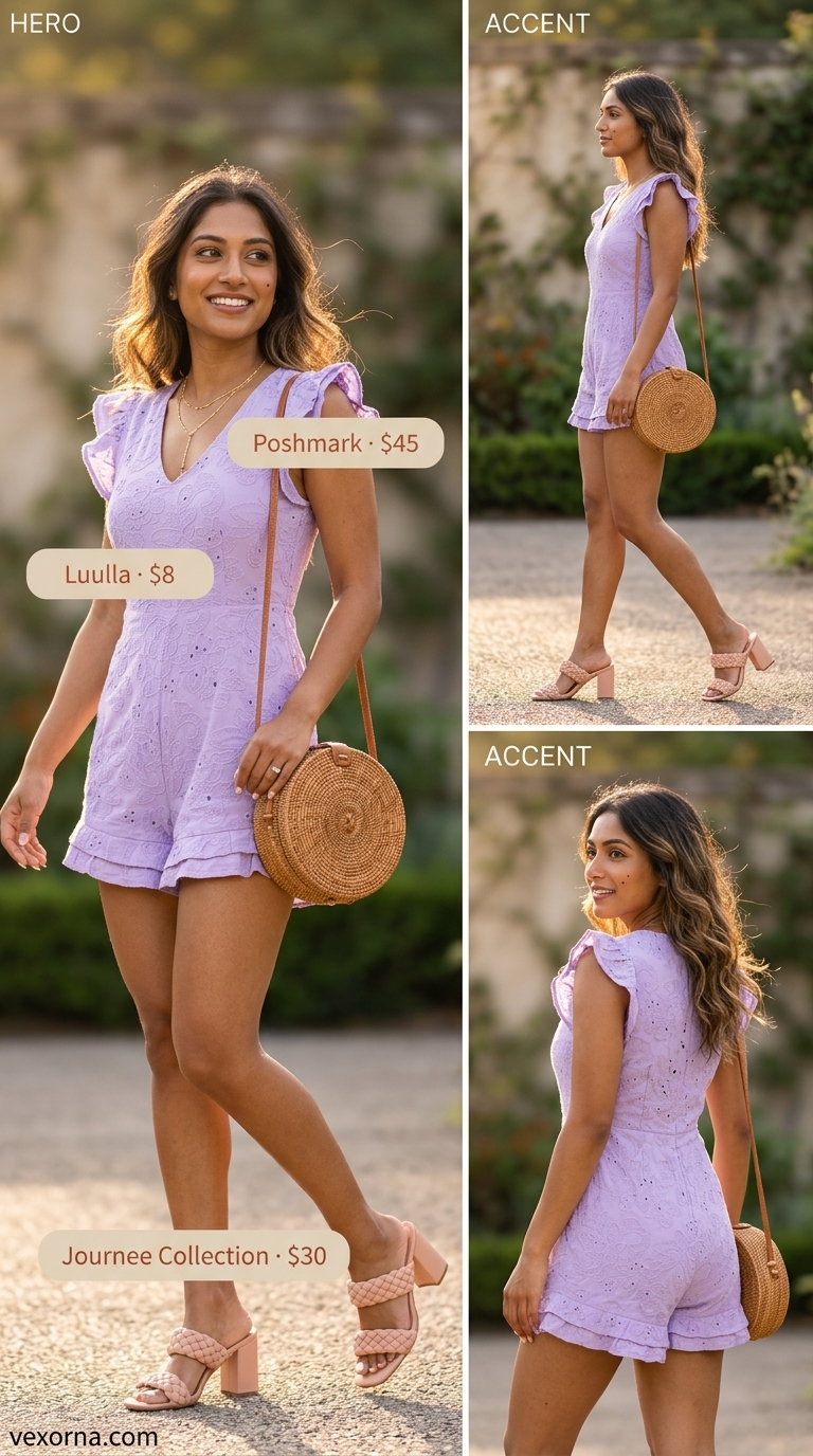 Lavender eyelet lace romper outfit for a bridal shower or garden party in 2026. Styled with mules and gold jewelry.