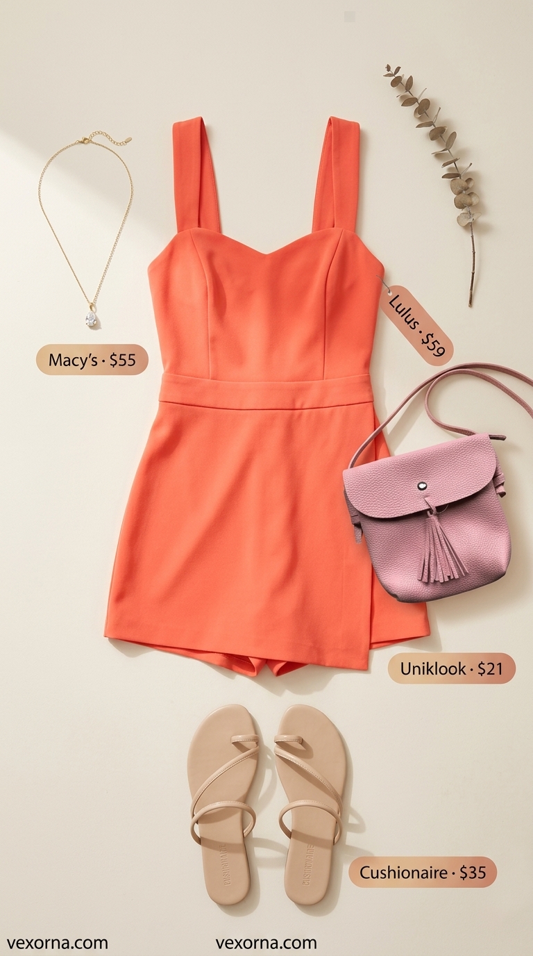 Bright orange tailored romper outfit for a summer festival or poolside party in 2026. Styled with strappy sandals and gold jewelry.