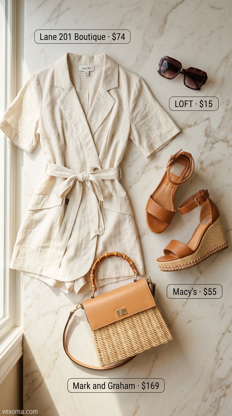 Chic summer romper outfit for women 2026: Cream linen romper, straw bag, espadrille wedges, oversized sunglasses.