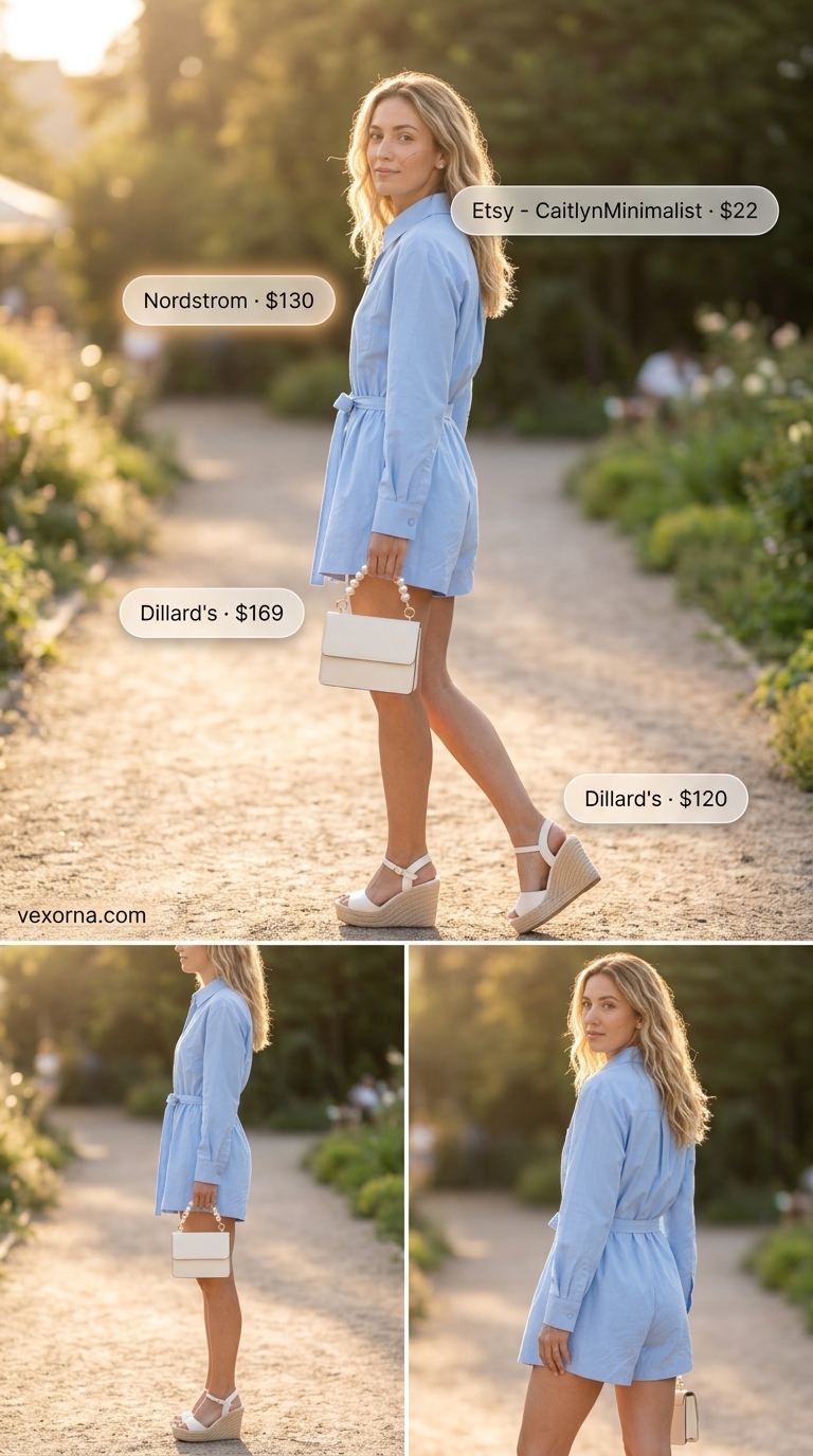 Sky blue cotton poplin romper outfit for a resort wear or garden party in 2026. Styled with espadrilles and a pearl bag.