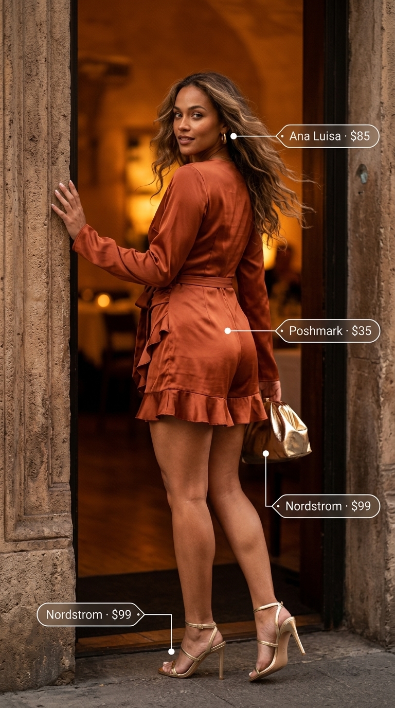 Glamorous summer romper outfit for women 2026: Rust orange satin romper, gold heels, gold clutch, chunky gold hoops.