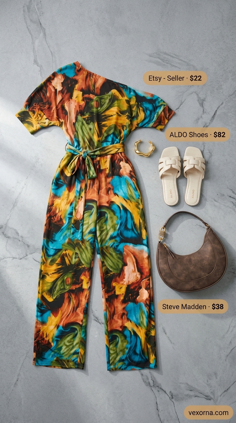 Terracotta abstract print romper outfit for an art exhibit or happy hour in 2026. Styled with slides and a cuff bracelet.