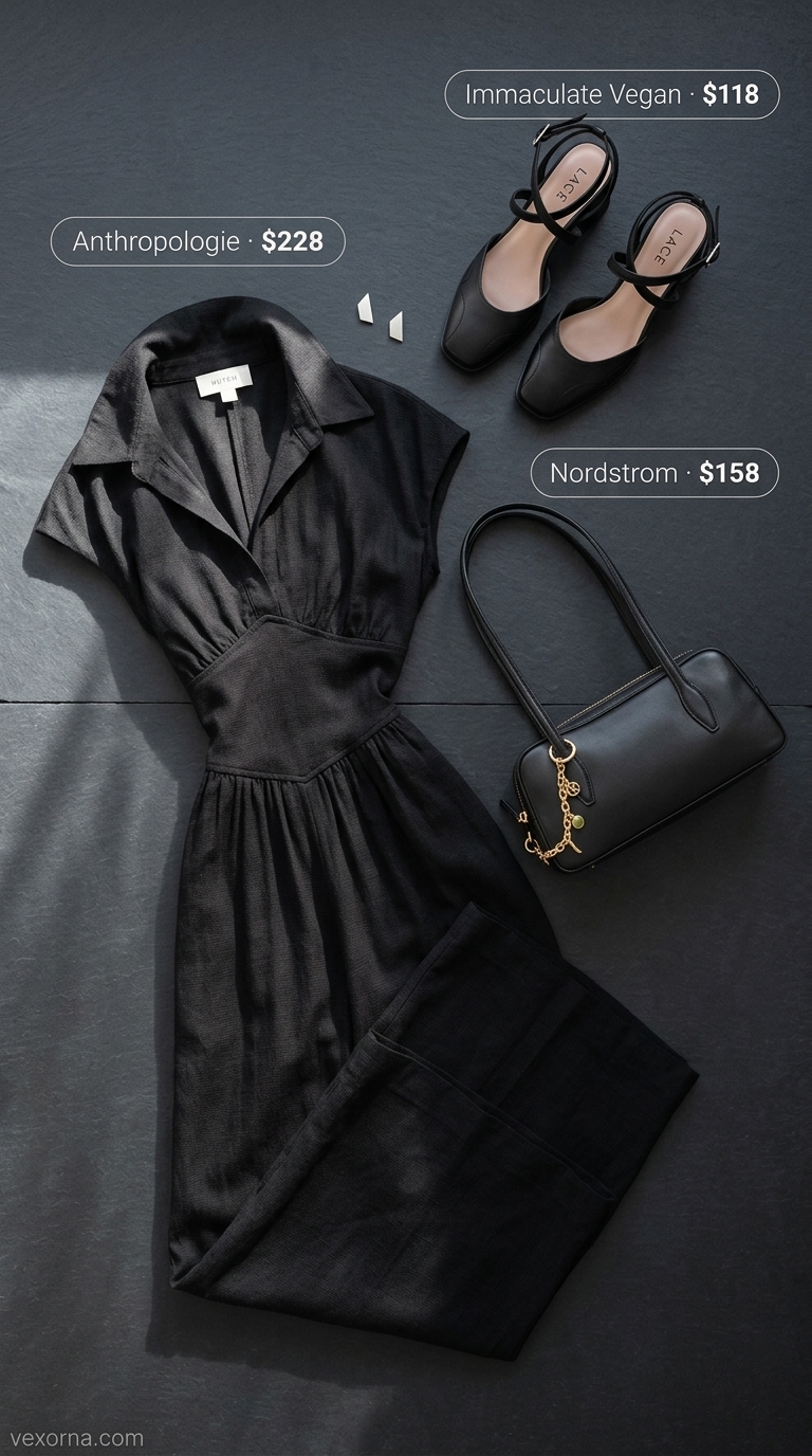 Urban chic summer romper outfit for women 2026: Black Tencel romper, silver jewelry, stiletto heels, mini top-handle bag.