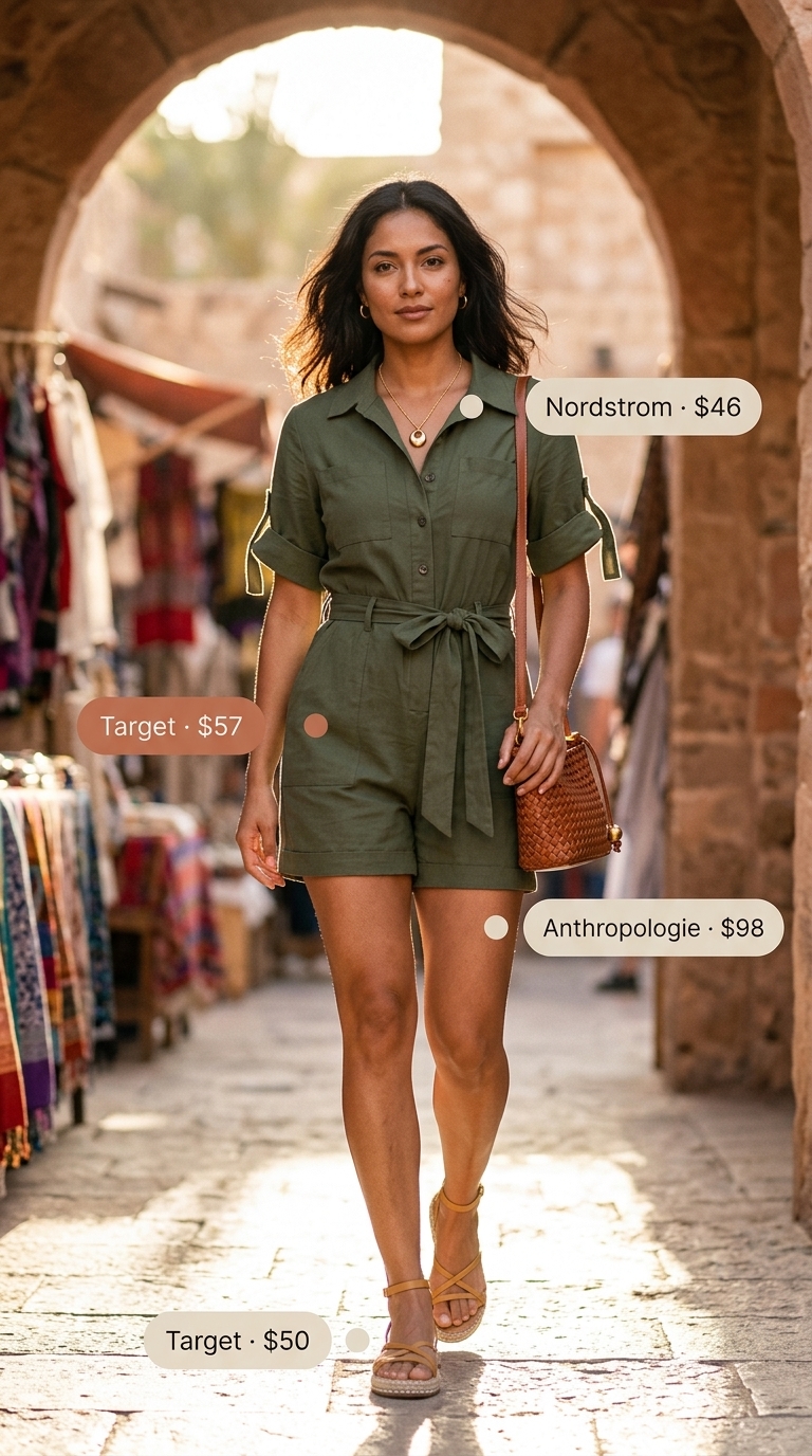 Trendy summer romper outfits for women 2026: Olive green utility romper with espadrilles and crossbody bag for safari style.