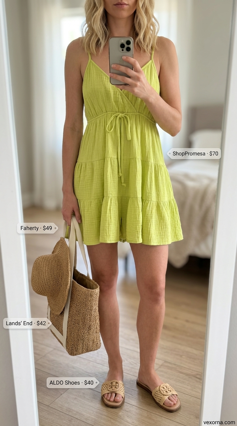 Trendy summer romper outfits for women 2026: Ocean blue romper with raffia sandals, straw hat, and tote for beach vacation.