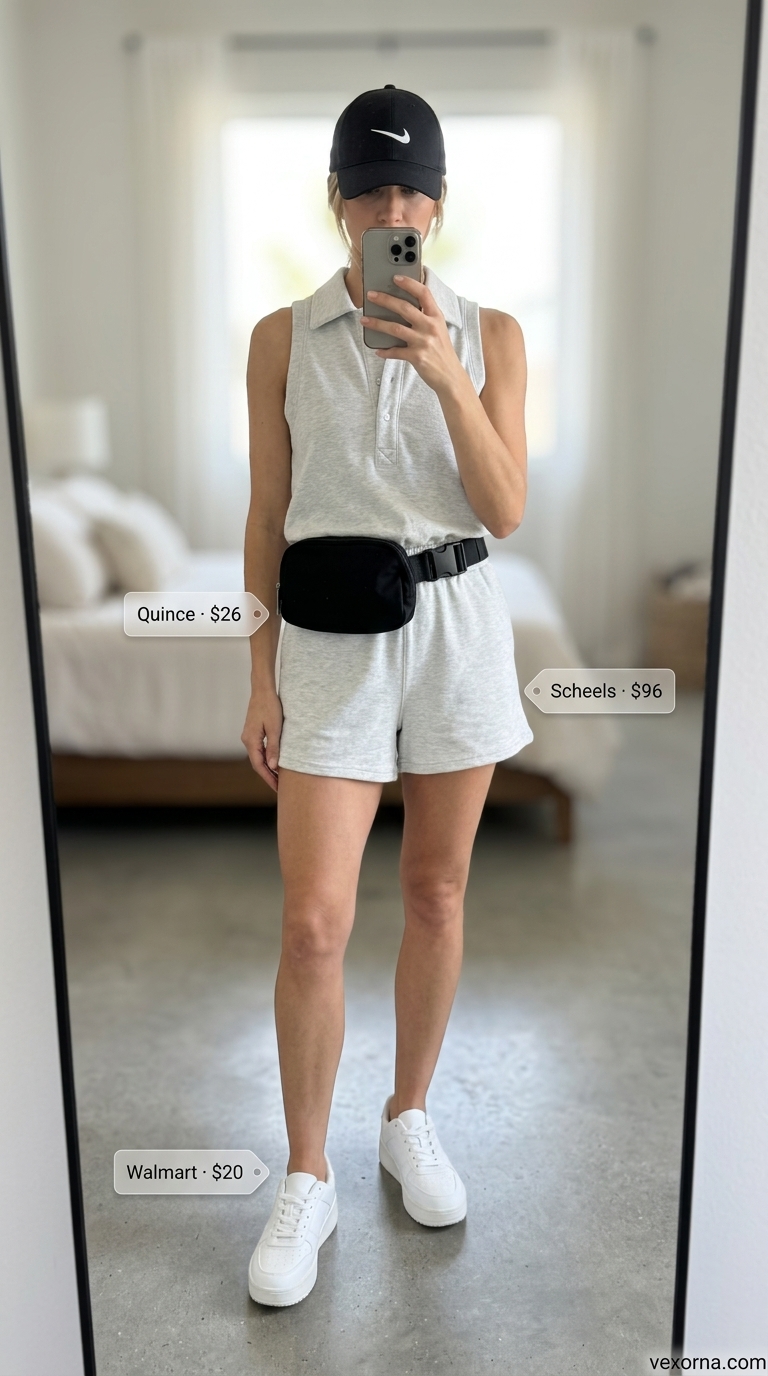 Trendy summer romper outfits for women 2026: Soft grey terry romper with sneakers and belt bag for urban athleisure.