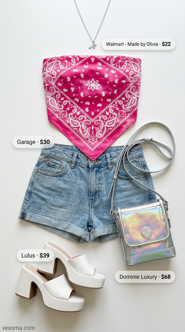 Trendy Y2K summer outfits for women 2026: Hot pink tube top, distressed denim shorts, platform slides, and iridescent bag.