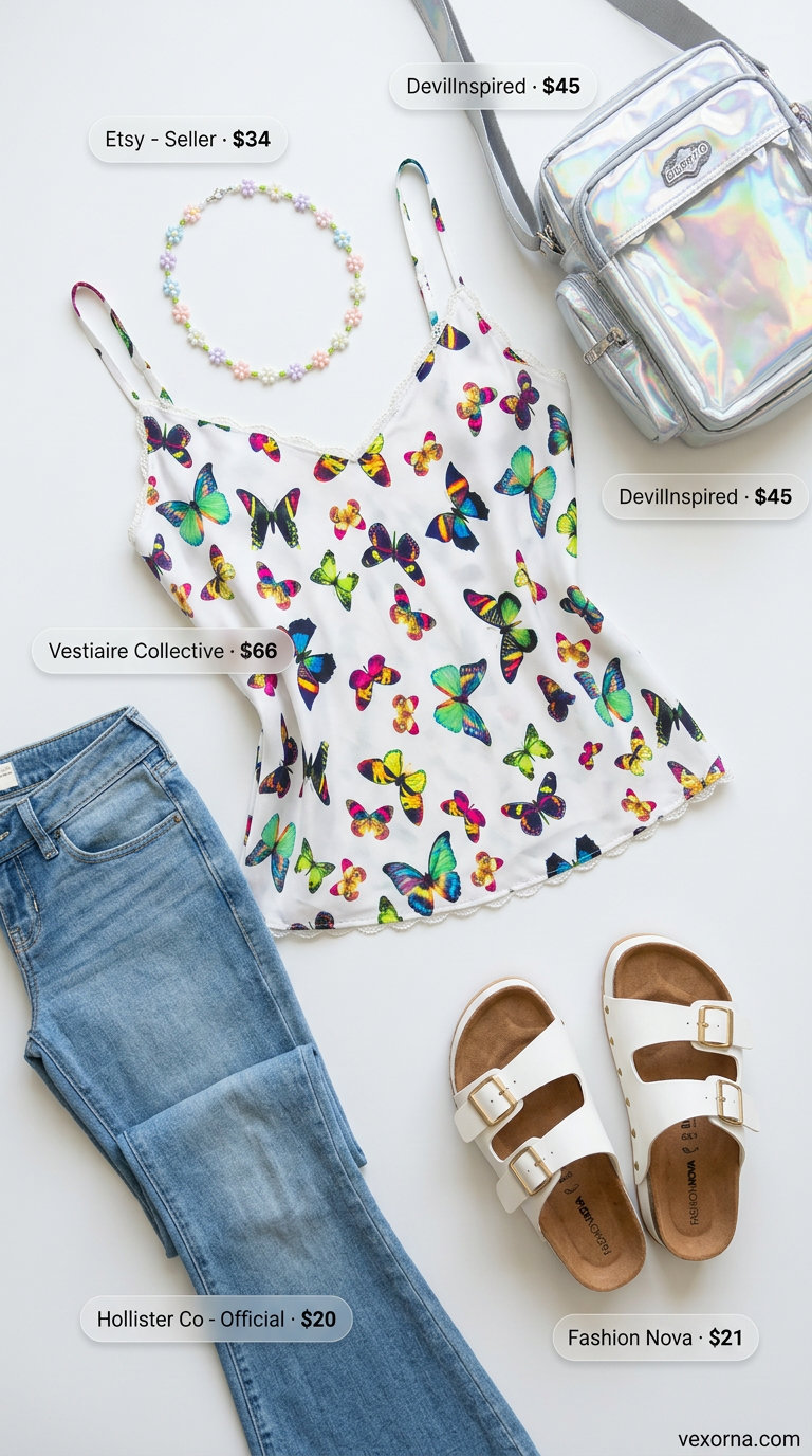 Trendy Y2K summer outfits for women 2026: Pastel butterfly camisole, low-rise flare jeans, platform sandals, and holographic bag.