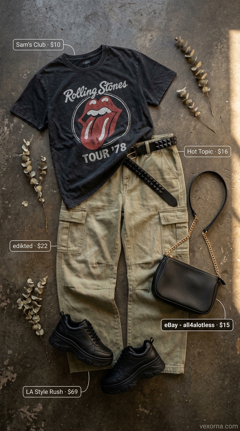 Trendy Y2K summer outfit for women 2026: Khaki cargo pants, graphic tee, and chunky sneakers for a cool day out.