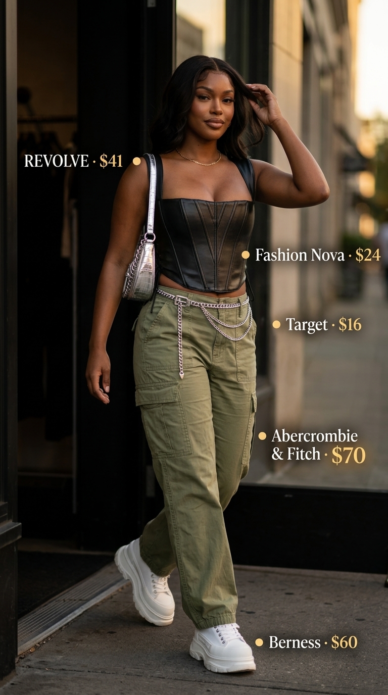 Trendy Y2K summer outfit for women 2026: Olive cargo pants, corset top, and platform sneakers for an edgy look.