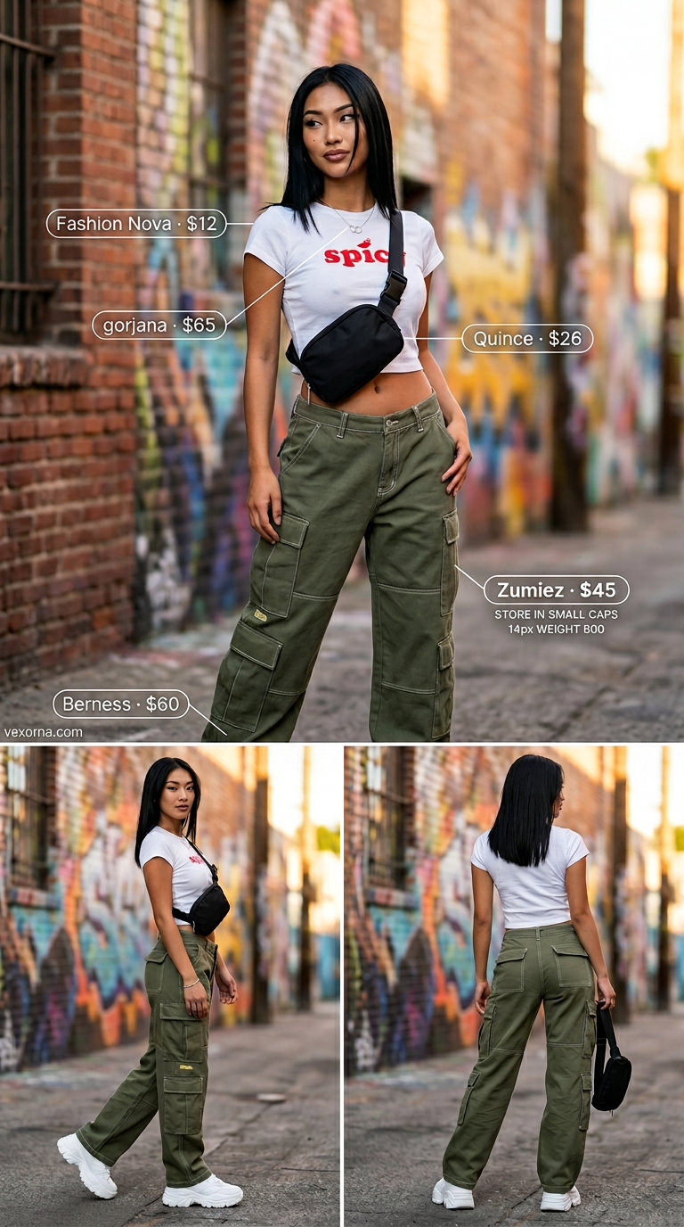 Trendy Y2K summer outfit for women 2026: Olive cargo pants, baby tee, and chunky sneakers for a cool streetwear vibe.