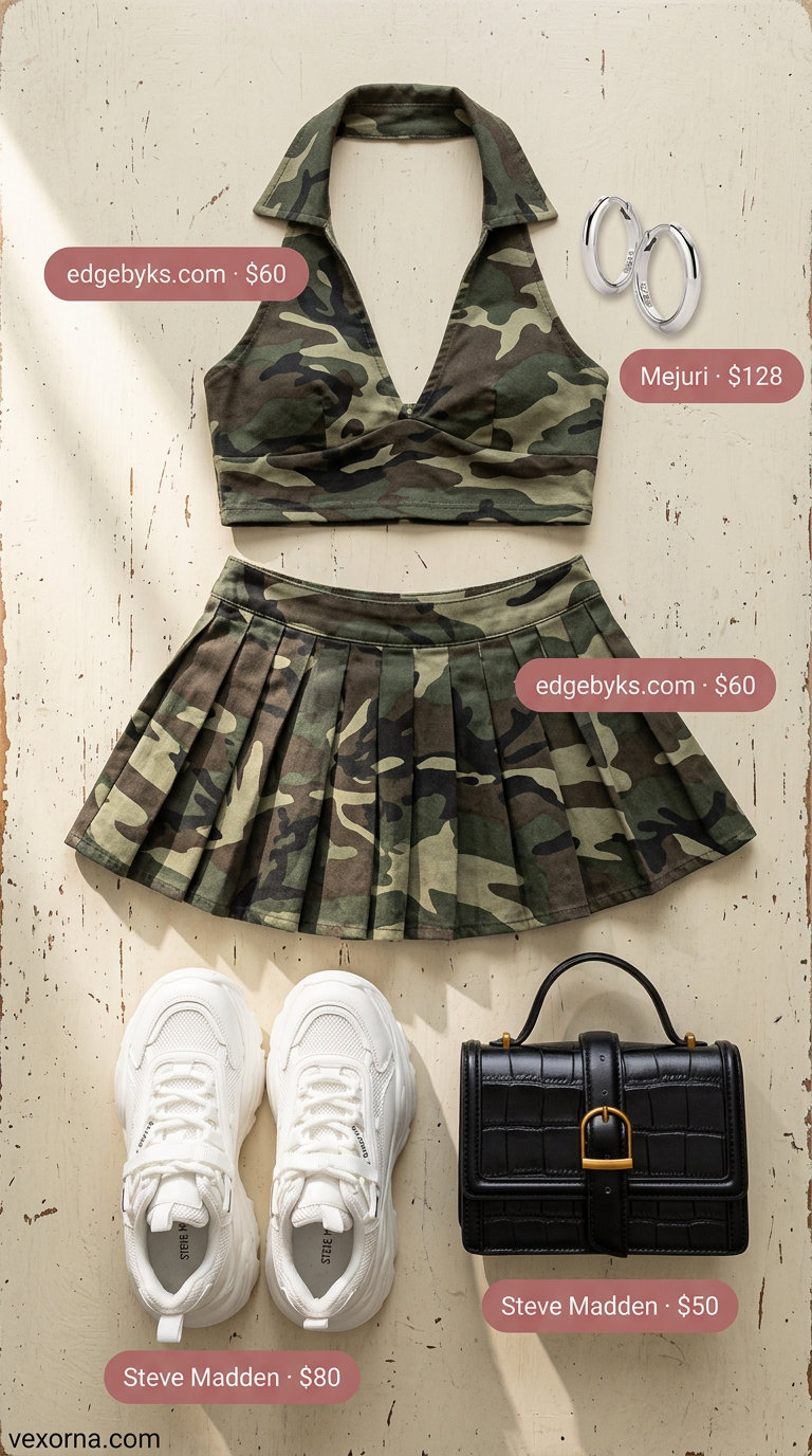 Trendy Y2K summer outfit for women 2026: Khaki cargo skirt set, sneakers, and hoop earrings for an edgy look.