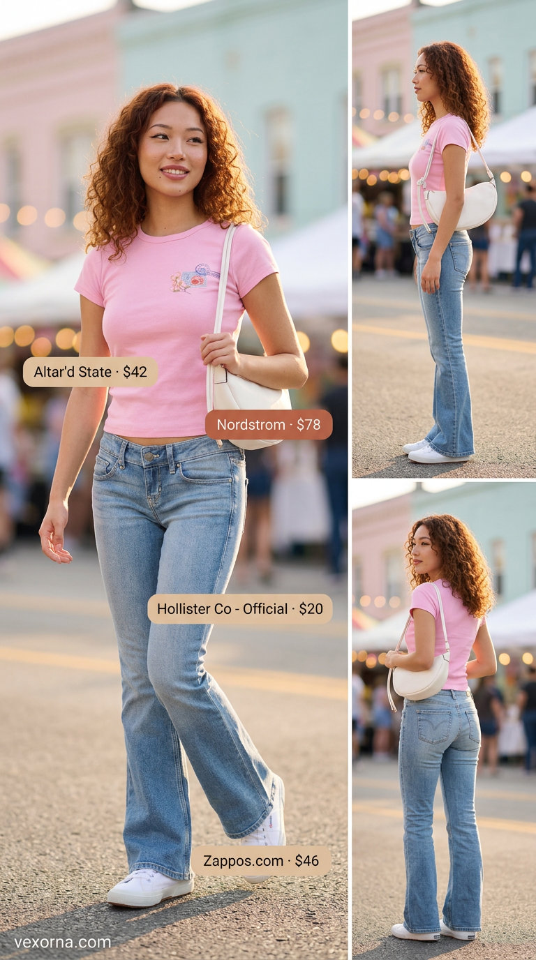 Trendy Y2K summer outfits for women 2026: Low-rise flare jeans, baby tee, white sneakers, and butterfly hair clips.