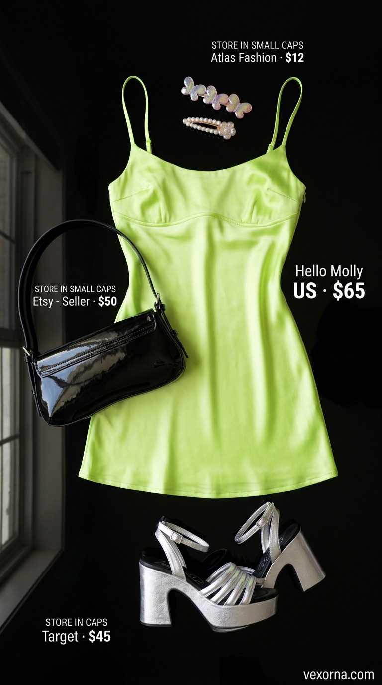 Trendy Y2K summer outfit for women 2026: Lime green slip dress, silver platforms, and butterfly clips for a fun night out.