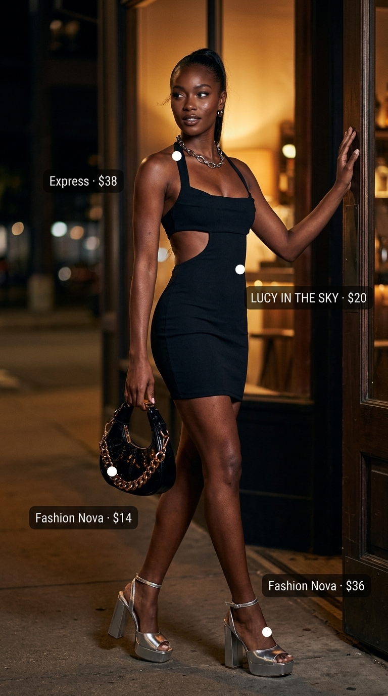 Trendy Y2K summer outfit for women 2026: Black cut-out dress, silver platforms, and chunky necklace for a bold night out.