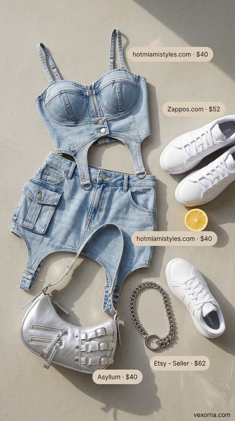 Trendy Y2K summer outfit for women 2026: Denim bustier set, sneakers, and silver accessories for a bold night out.