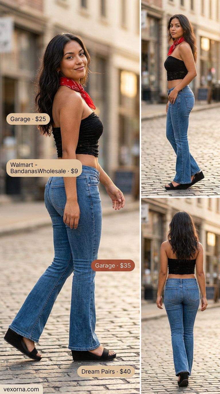 Trendy Y2K summer outfit for women 2026: Low-rise flare jeans, ruched tube top, platform wedges, and paisley bandana.