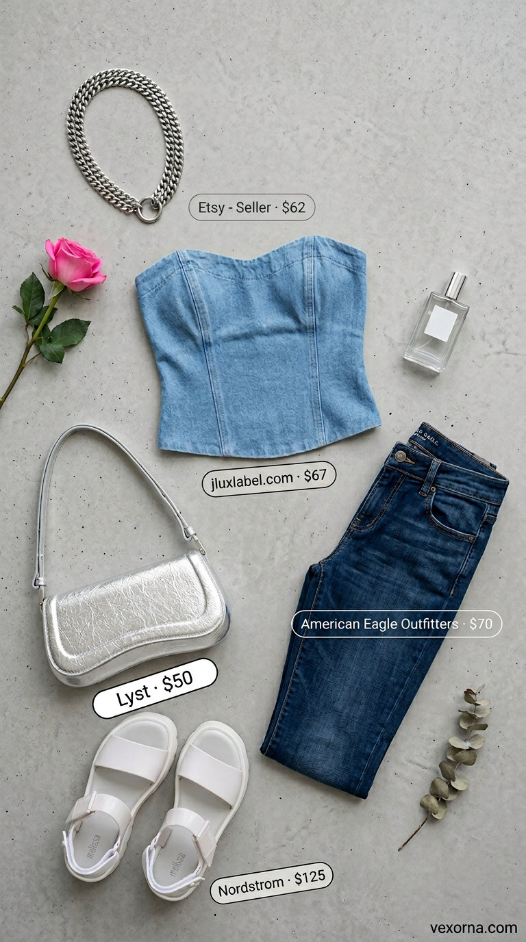Trendy Y2K summer outfits for women 2026: Denim corset top, low-rise bootcut jeans, chunky platform sandals, and silver bag.