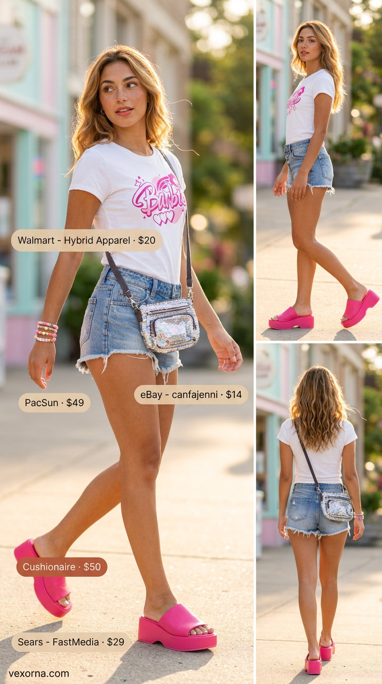 Trendy Y2K summer outfit for women 2026: Denim shorts, graphic tee, and pink platforms for a retro beach vibe.