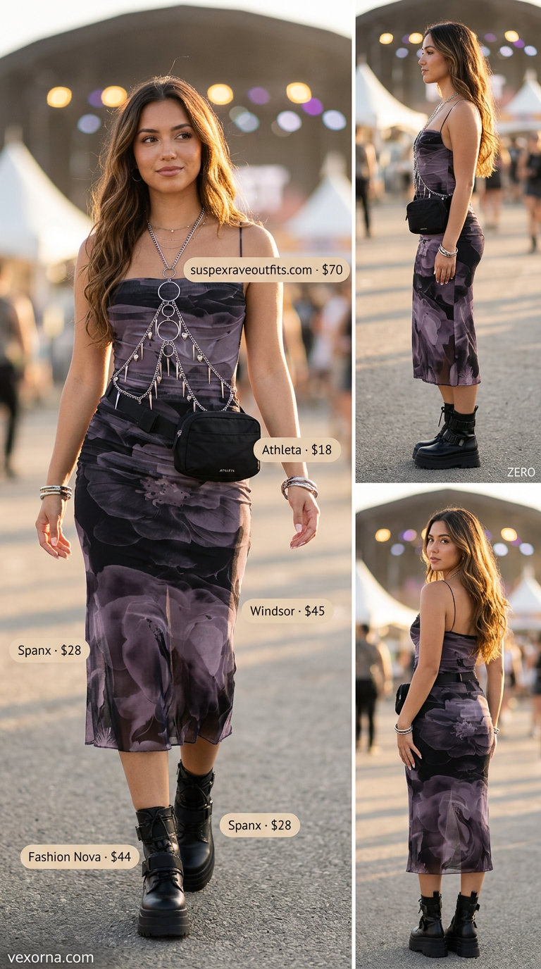 Trendy Y2K summer outfits for women 2026: Purple mesh midi dress, boy shorts, utility belt bag, and combat boots.