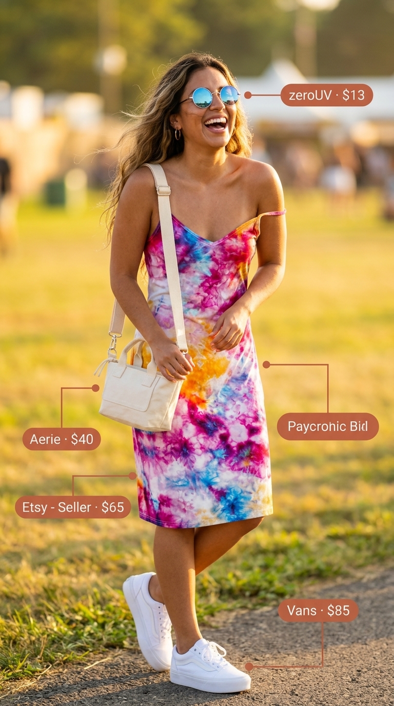 Trendy Y2K summer outfits for women 2026: Tie-dye slip dress, platform sneakers, canvas bag, and round sunglasses for festival style.