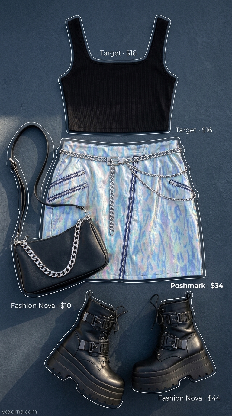 Trendy Y2K summer outfits for women 2026: Holographic mini skirt, cropped tank, chain belt, and platform combat boots for rave style.