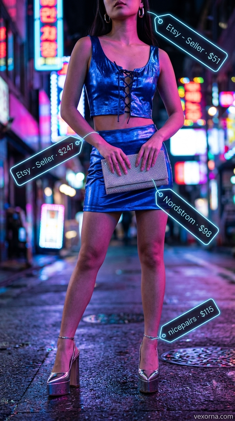 Trendy Y2K summer outfits for women 2026: Electric blue metallic crop top and mini skirt set with platform heels and clutch.