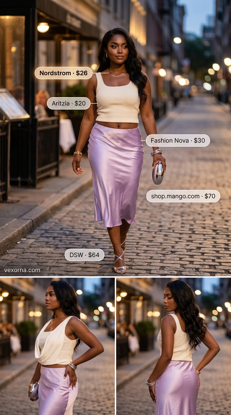 Trendy Y2K summer outfits for women 2026: Lilac satin slip skirt, ribbed tank, strappy heels, and silver clutch for a sleek look.