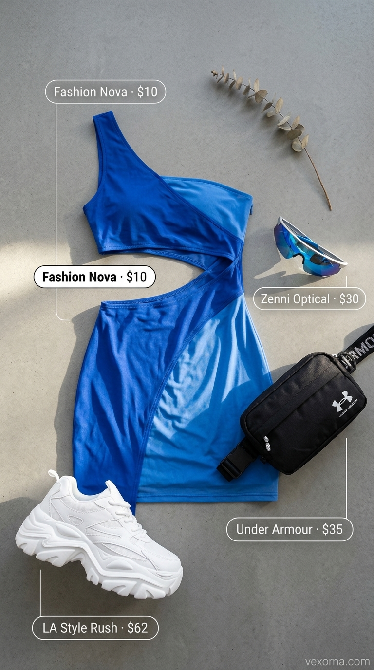Trendy Y2K summer outfits for women 2026: Blue mesh mini dress with athletic trim, platform sneakers, belt bag, and sporty sunglasses.