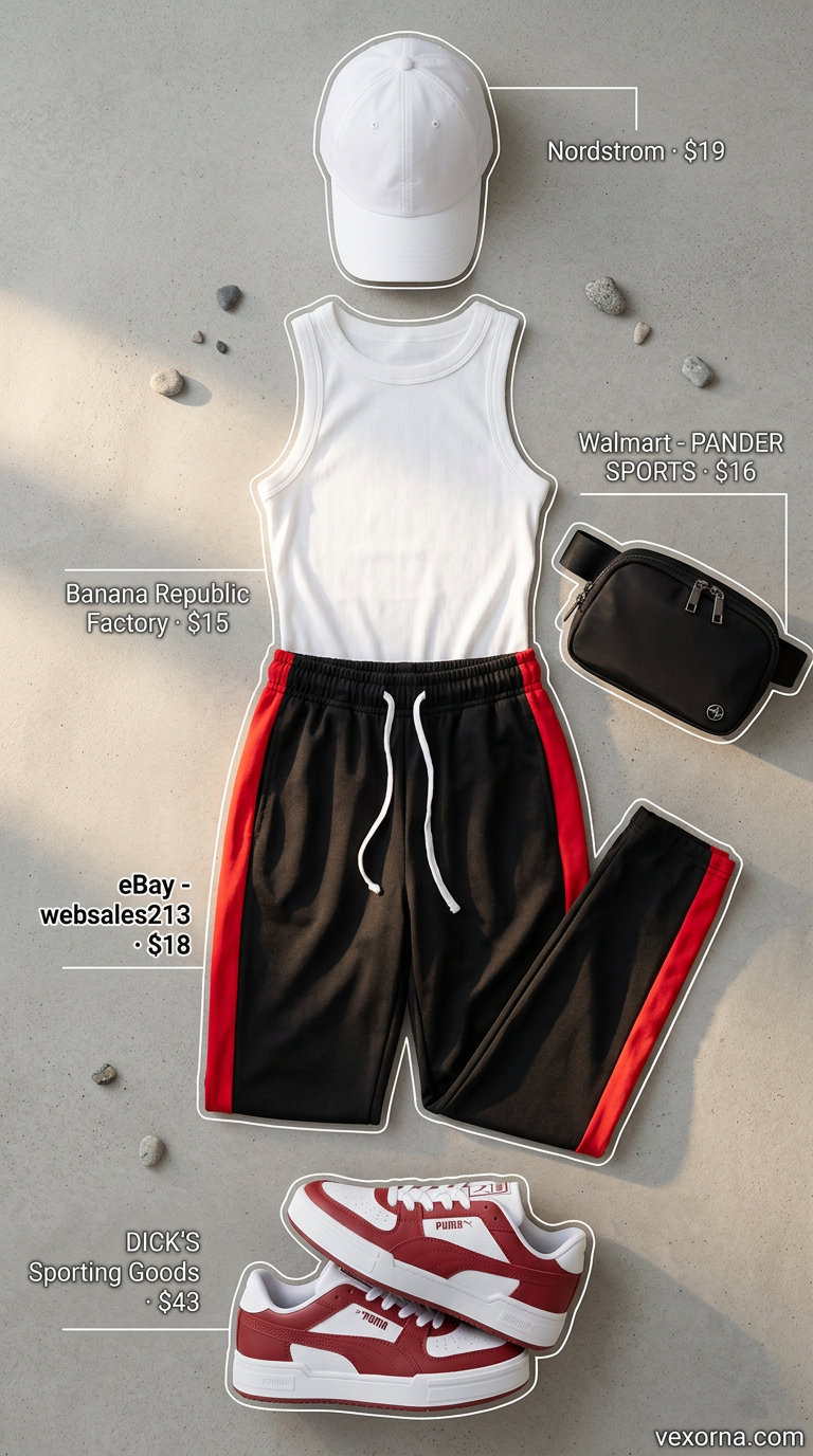 Trendy Y2K summer outfits for women 2026: Sporty track pants, fitted tank top, belt bag, and retro sneakers for casual outings.