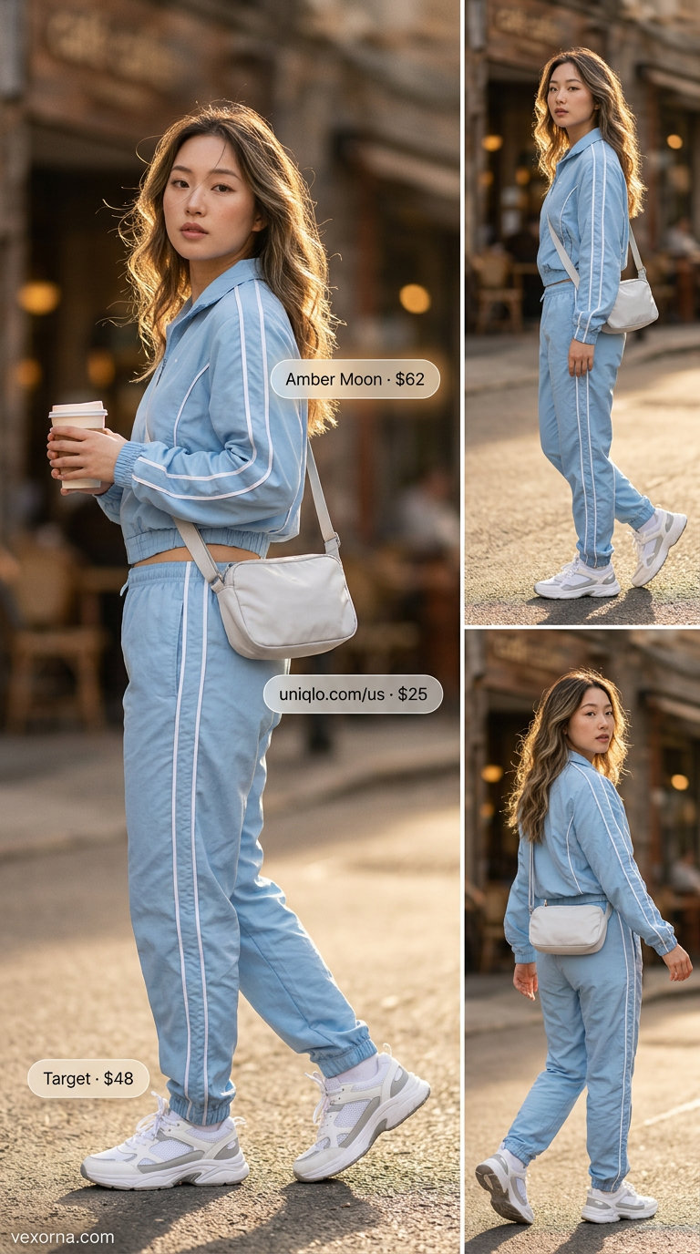 Trendy Y2K summer outfit for women 2026: Light blue track set, crop top, and chunky sneakers for a sporty vibe.