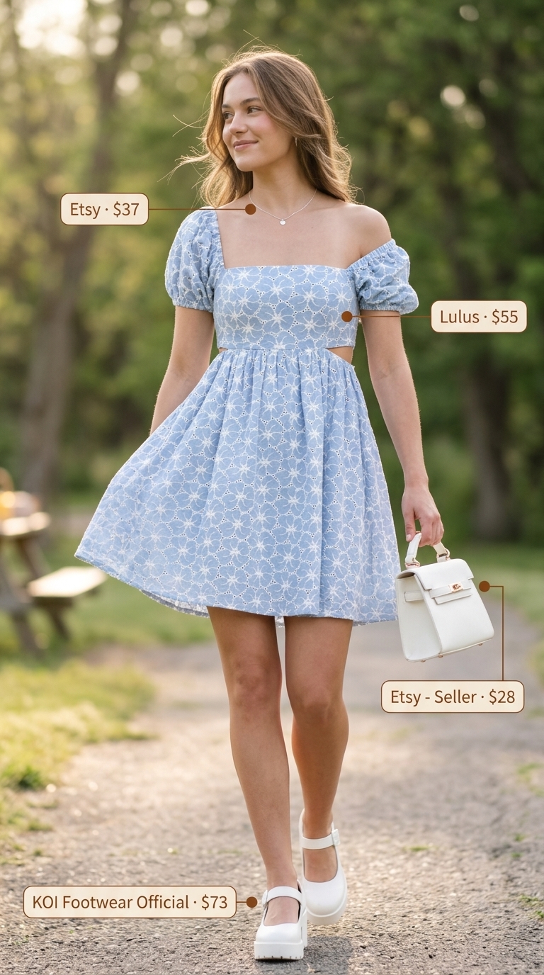 Trendy Y2K summer outfits for women 2026: Pastel blue babydoll dress, platform Mary Janes, and top-handle bag.