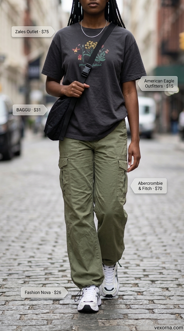 Trendy Y2K summer outfits for women 2026: Khaki cargo pants, graphic tee, chunky sneakers, and crossbody bag.