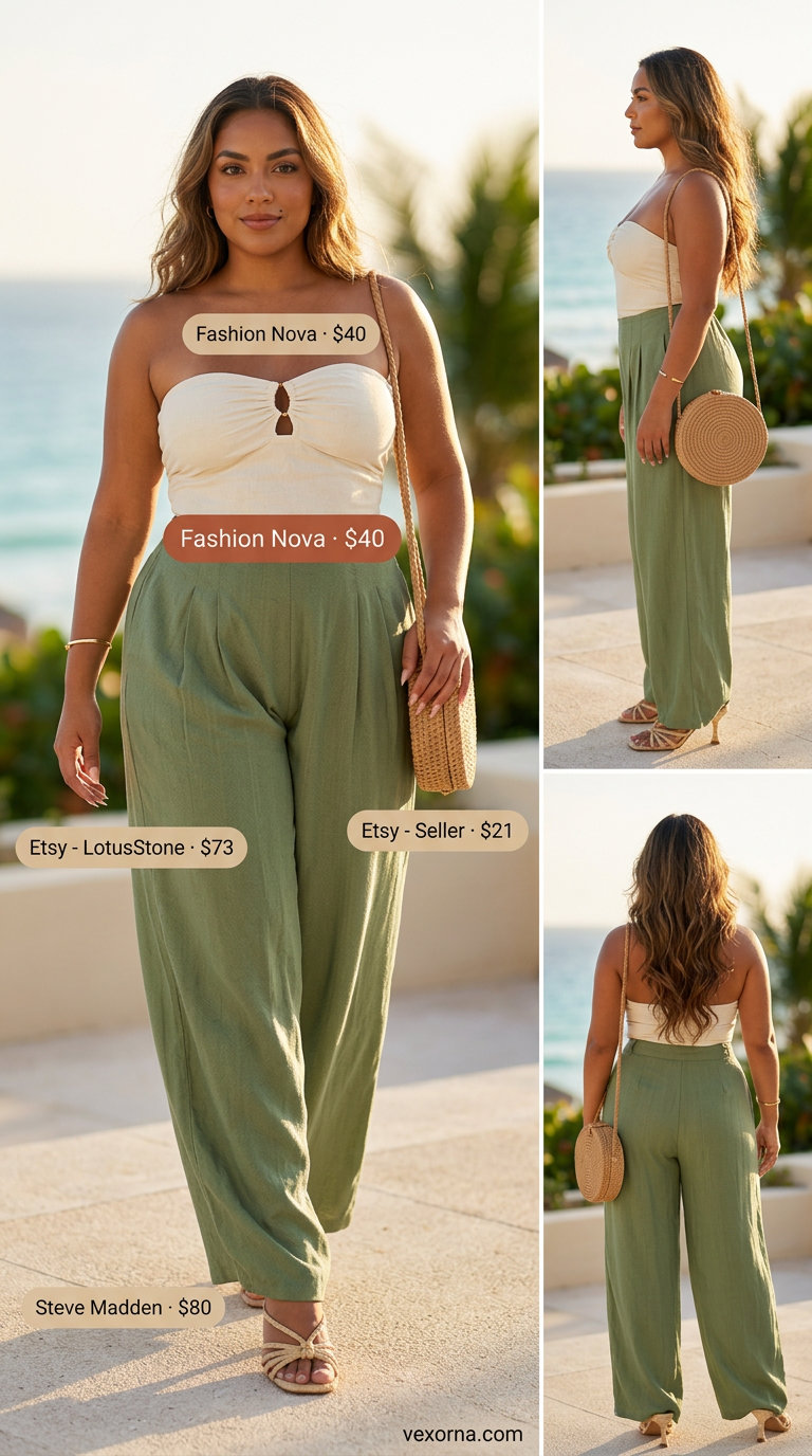 Tropical summer party outfit for women 2026: Emerald green linen co-ord set with raffia mules and straw bag.