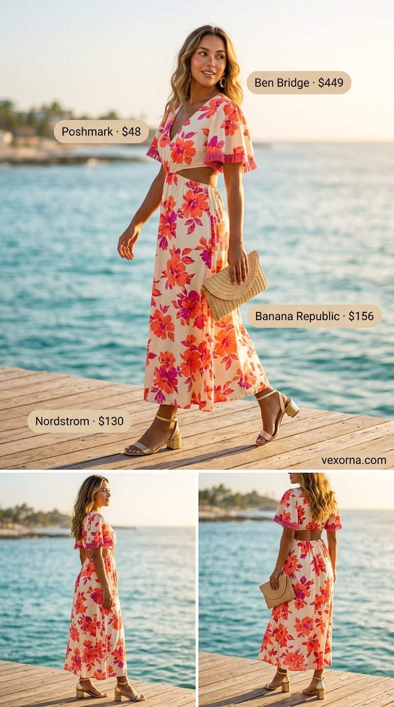Vibrant tropical summer party outfit for women 2026: Coral floral maxi dress, gold earrings, heeled sandals.