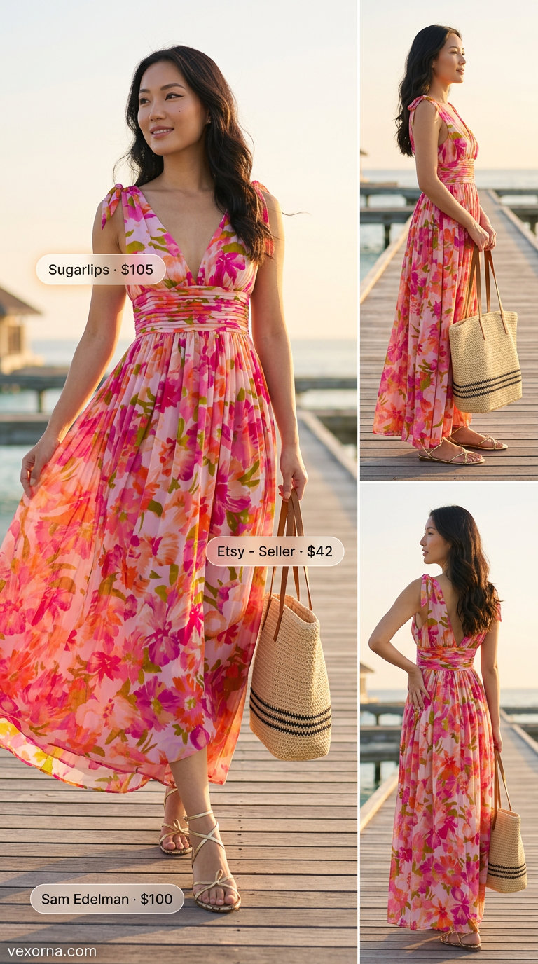 Tropical summer party outfit for women 2026: Vibrant floral maxi dress with gold sandals and straw tote.