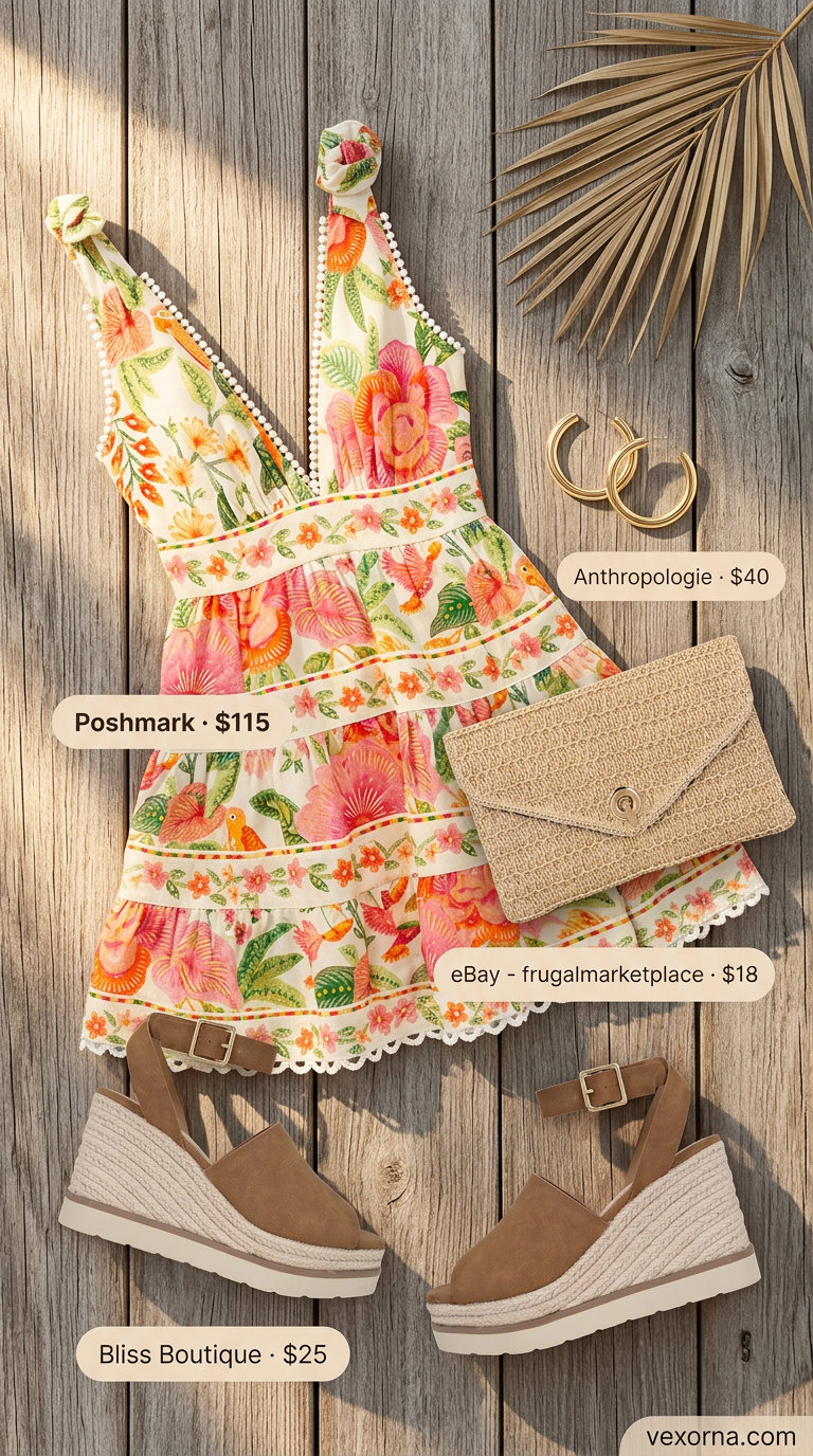 Tropical summer party outfit for women 2026: Fuchsia & green floral mini dress with espadrille wedges and straw clutch.