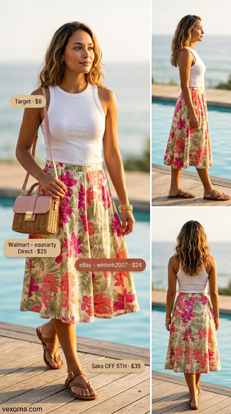 Tropical summer party outfit for women 2026: Floral midi skirt, white tank, straw bag, gold bangles.