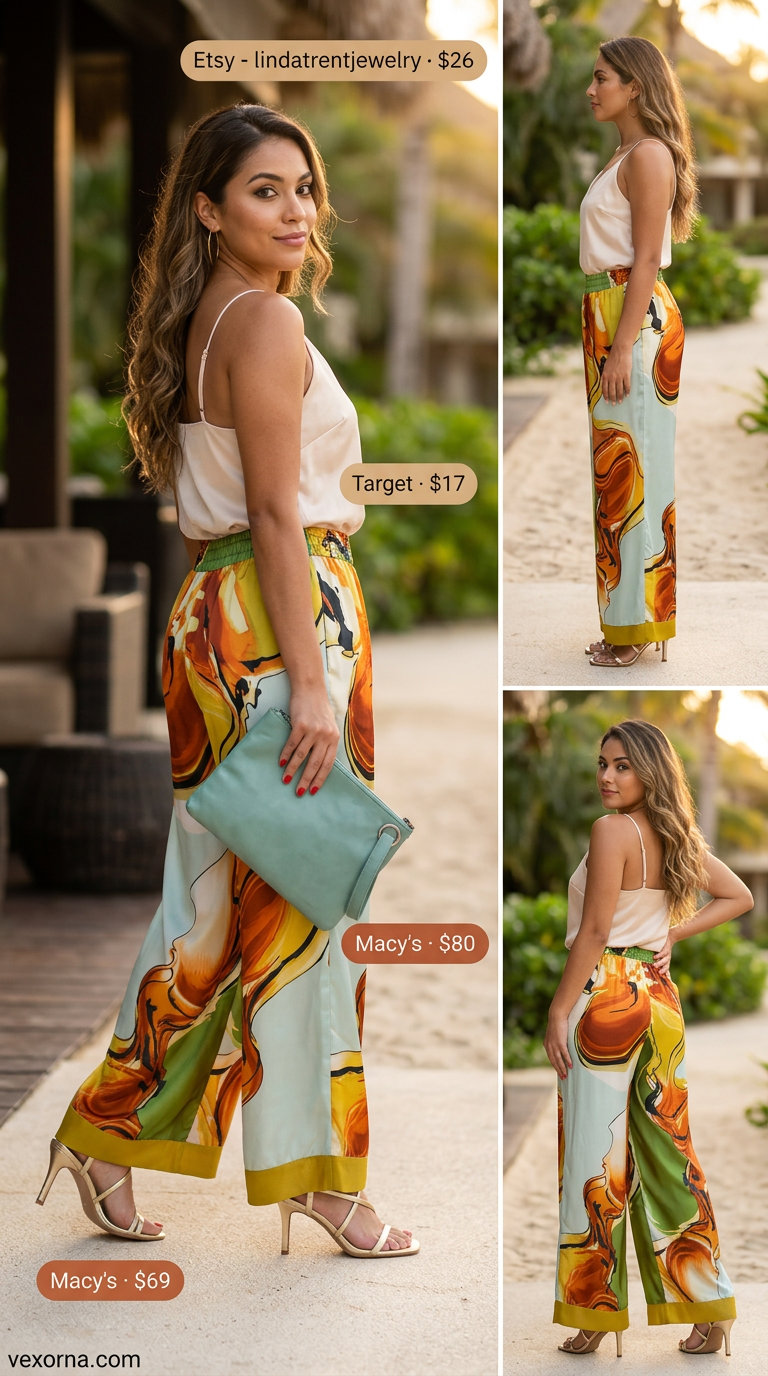 Tropical summer party outfit for women 2026: Bold geometric print pants with cream camisole and teal clutch.