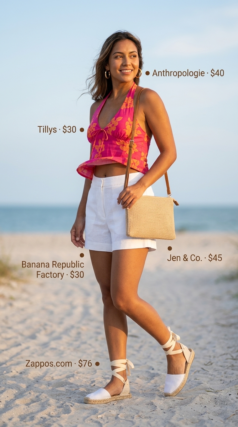 Tropical summer party outfit for women 2026: Hot pink halter crop top with white linen shorts and espadrilles.