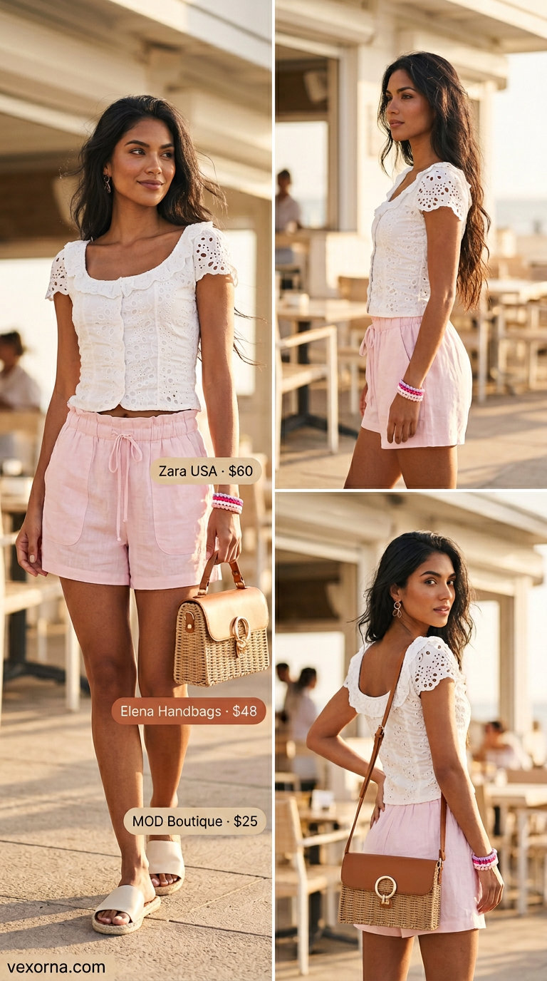 Tropical summer party outfit for women 2026: Blush pink linen shorts with white eyelet blouse and espadrille slides.