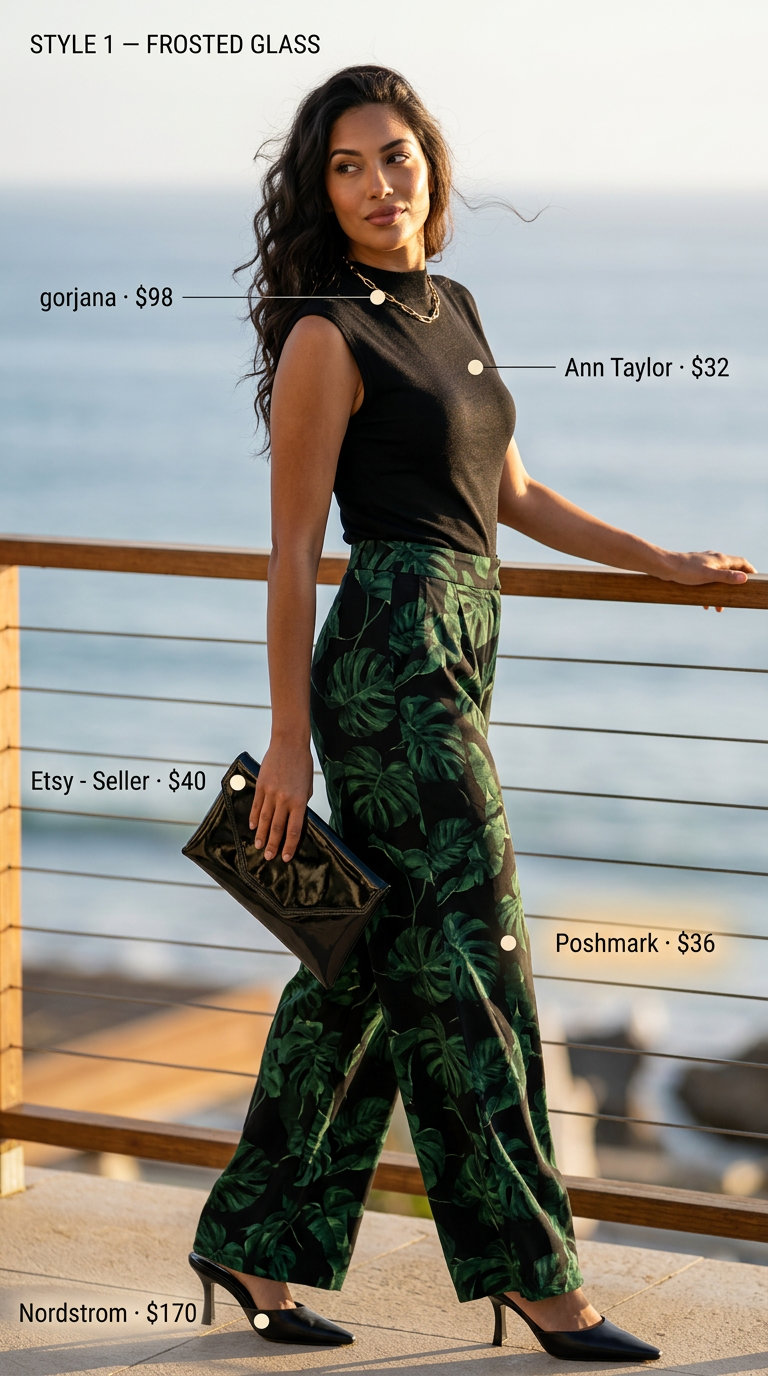 Sophisticated tropical summer party outfit for women 2026: Monstera pants, black top, gold necklace.