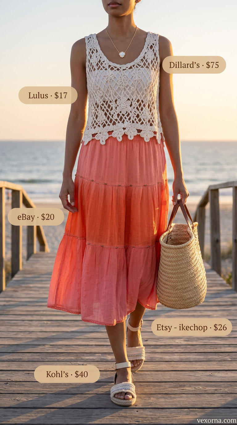 Romantic tropical summer party outfit for women 2026: Ombre tiered skirt, crochet top, espadrilles.